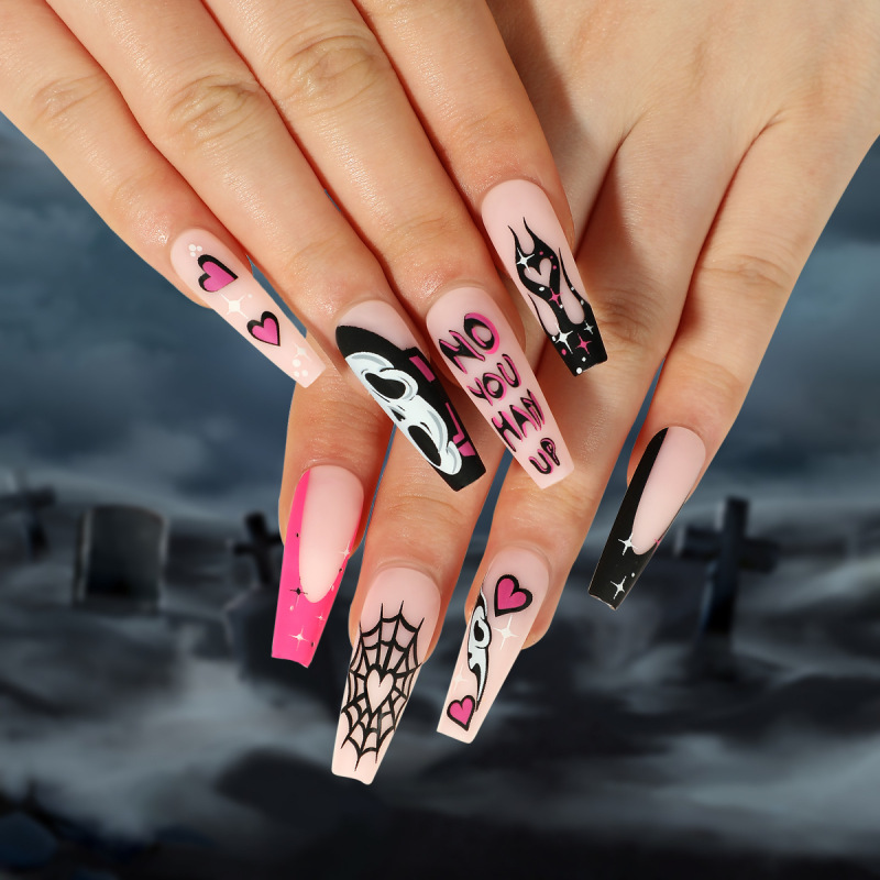 ( Buy 1 Get 2 ) Women Funny Halloween Spider Web Ghost Love Flame False Nails