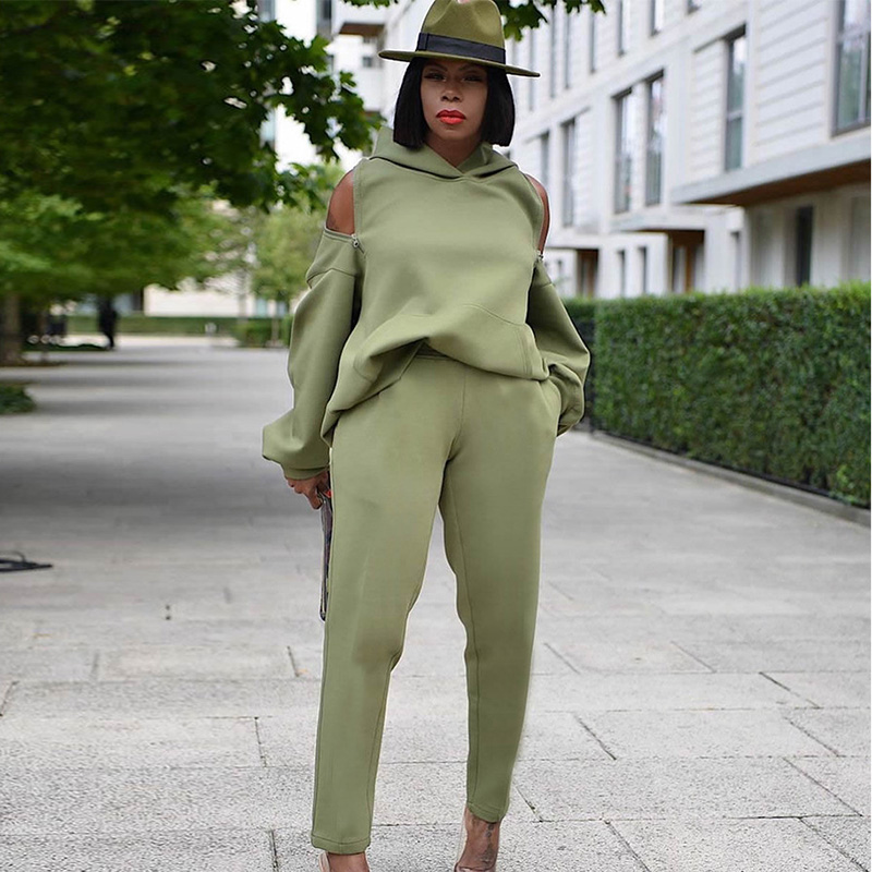 Fashion Women'S Plus Size Long-Sleeved Backless Hooded Sweatshirt Casual Pants Sets