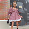 Women'S Fashion Casual Floral Printing Puff Sleeves Off-The-Shoulder Dress