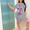 Women Fashion Casual Graphic Printing Short Sleeve T-Shirt Shorts Two-Piece Set