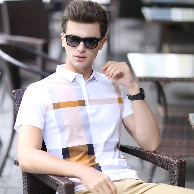 Men T-Shirt Lapel Plaid Short-Sleeved Cotton T-Shirt Summer T-Shirt