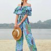 Women Fashion Vacation Leaf Printed Off-Shoulder Ruffles Holiday Defined Waist Fashion Casual Wide-Leg Jumpsuit