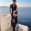 Women Elegant Summer Vacation Backless Halter Neck Floral Printing Sexy Drop Collar Boho Maxi Dress