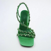 Women Fashion Plus Size Sexy Rhinestone Strap Square Toe Heeled Sandals