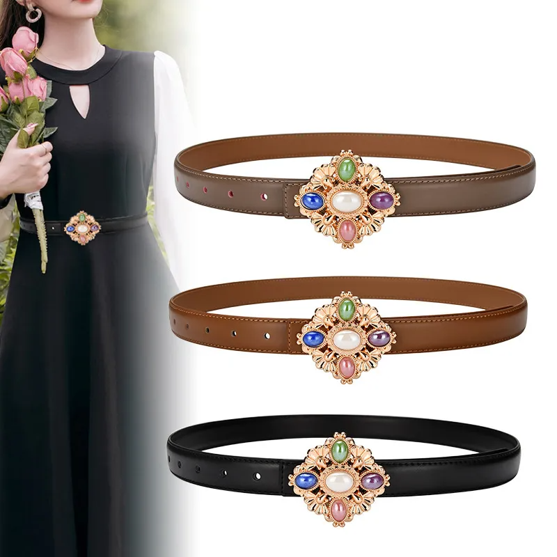 Women'S Fashion Casual Retro Gemstone Alloy Smooth Buckle Genuine Leather Thin Belt