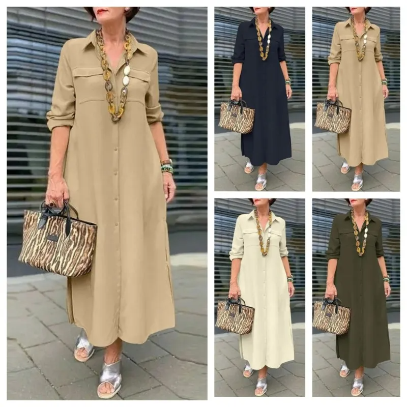 Women Ramadan /Eid Fashion Casual Solid Color Long Sleeve Button Laps Plus Size Dress