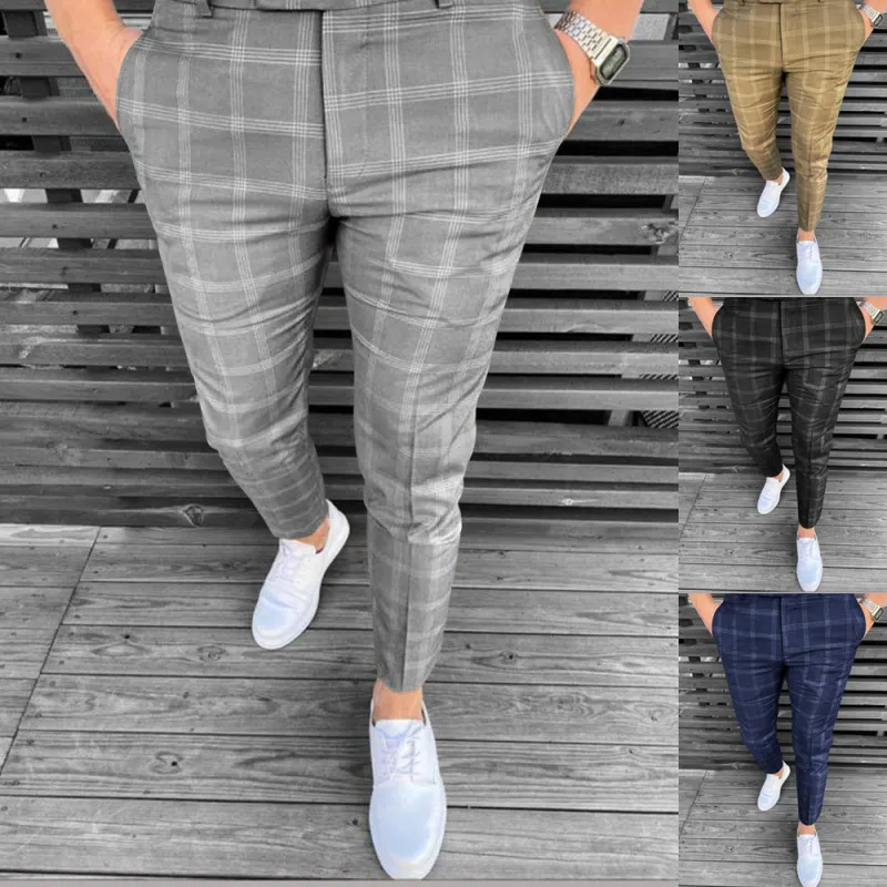 Men Casual Plaid Stripe Pants