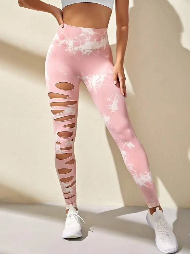 (Buy 1 Get 1) Fashion Women Sports Yoga High Waist Tie Dye Print Ripped Hollow Leggings Pants