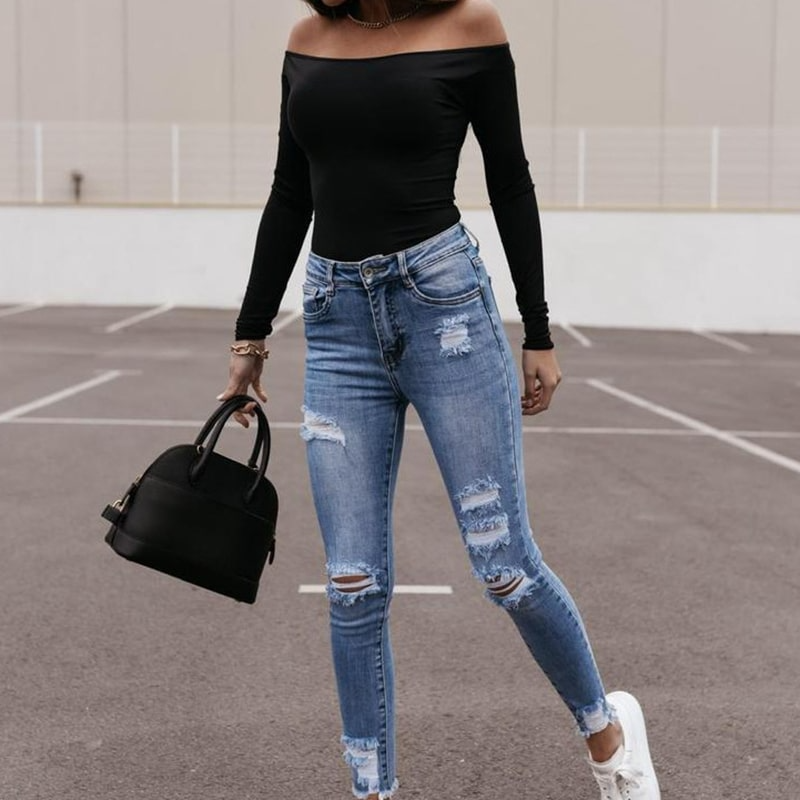 Women Figure Flattering Raw Hem Ripped Jeans