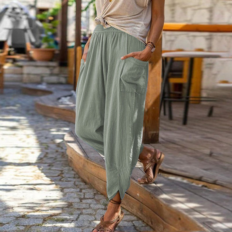 Women Summer Casual Solid Color Wide-Leg Cotton And Linen Loose Pencil Pants