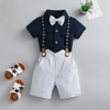 Kids Toddler Boys Summer Fashion Casual British Style Bow Solid Color Lapel Shirt Stripe Suspender Trousers Boys Party Clothing Set