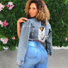 Women Fashion Lapel Long Sleeve Ripped Denim Jackets