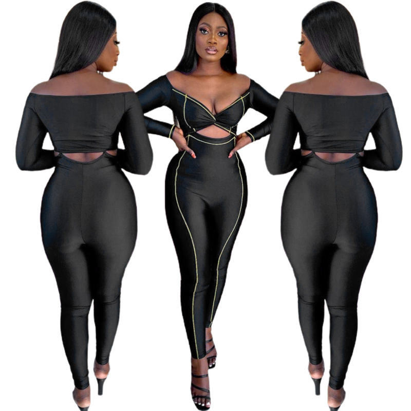 Women One-Piece Collar Solid Color Long-Sleeved Hollow Fashion Jumpsuit