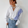 Women Simple White Collar Long Sleeve Ruffled Stitching Shirt