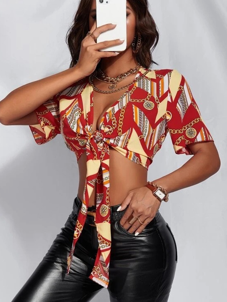 Women'S Sexy Digital Printing Short Sleeve Cropped Blouse