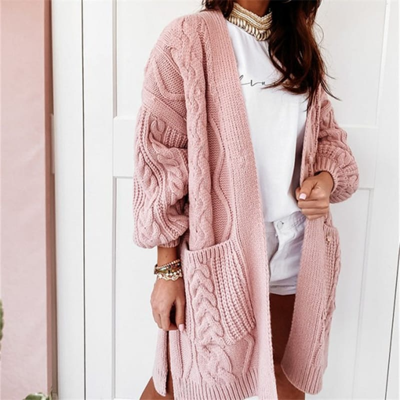 Women Fashion Winter Long Sleeve Side Slit Braid-Knitted Cardigan Winter Coat