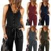 Women Sleeveless Solid Color V-Neck Waist Tie Casual Skinny Jumpsuit