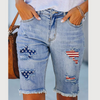 Women'S Fashion Casual Ripped National Flag Printing Raw Edge Denim Cropped Pants