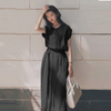 Women Fashion Minimalist Casual Elegant Solid Color Round Neck Defined Waist Chiffon Knee-Length Dress