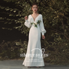 Wedding Women Temperament White Satin Long-Sleeved Evening Dress