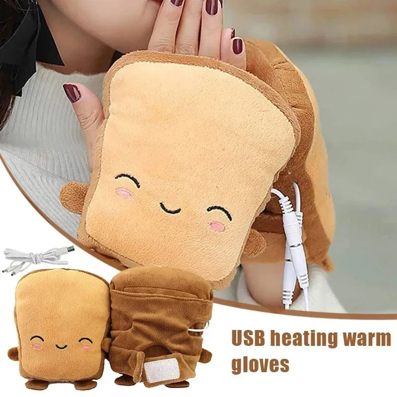 (Buy 1 Get 1) Usb Electric Heating Cute Hand Warmers Gloves For Typing Warmer Heated Gloves For Women Fingerless Cute Toast Shape Winter Gloves