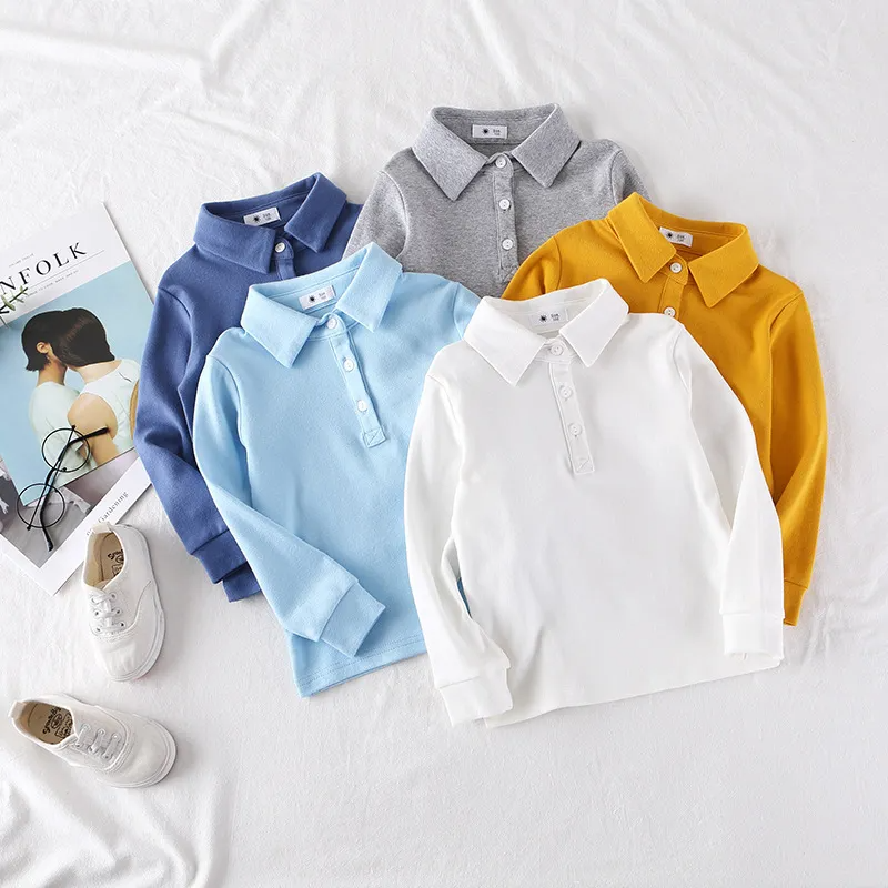 Kids Casual Solid Color Lapel Long Sleeve Loose Polo Shirts