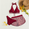 Women Fashion Solid Color Wavy Pattern Sexy Halter Neck Tether Backless Swimsuit Three-Piece Set