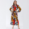 Women Elegant Vacation Loose Stand Collar Pleated Long Sleeves Printed Chiffon Dress