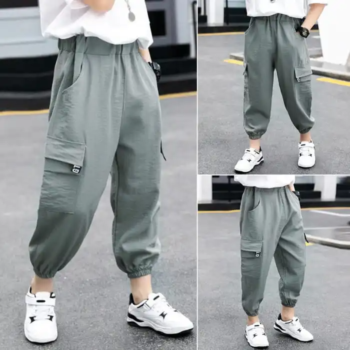 Kids Pure Color Big Pocket Style Cargo Pants