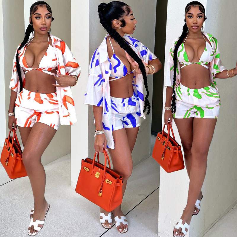 Women Fashion Casual Summer Printed Shirt Camis Shorts Three-Piece Vacation Set