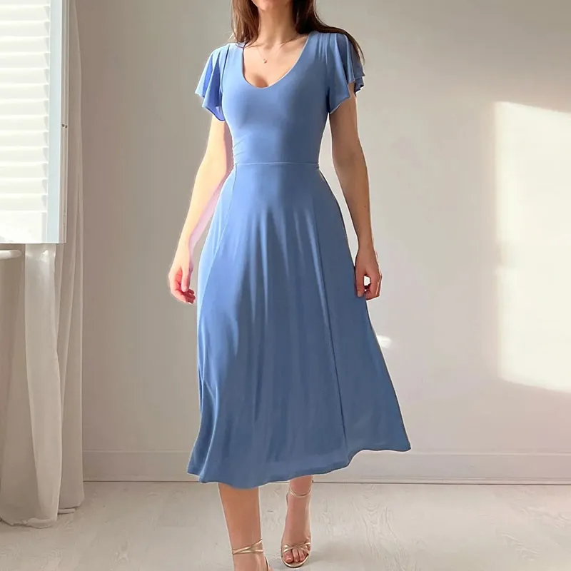 Elegant Women Fashion Spring Solid Color Short Sleeve Office Chic Midi Dress