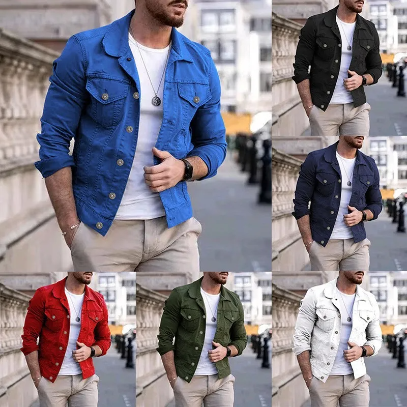 Men Fashion Casual Slim Fit Denim Jacket Multi Pocket Button Coat