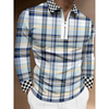 Men Fashion Colorblock Zip Lapel Check Print Long Sleeve Polo Shirt