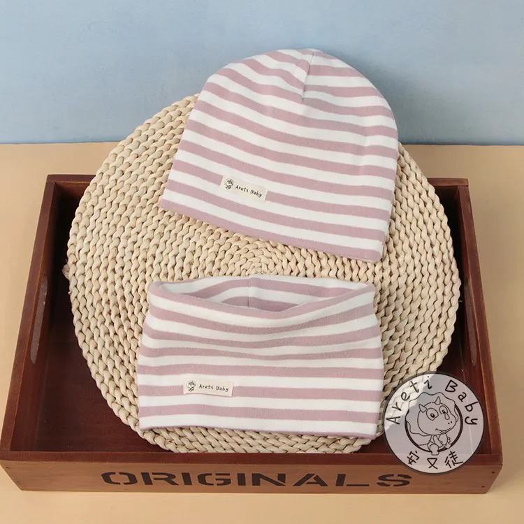 Kids Unisex Autumn Winter Fashion Casual Cute Solid Color Cotton Stripe Hat Scarf Two Set