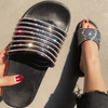 Women Leisure Rhinestone Decor Striped Flats Slippers Shoes