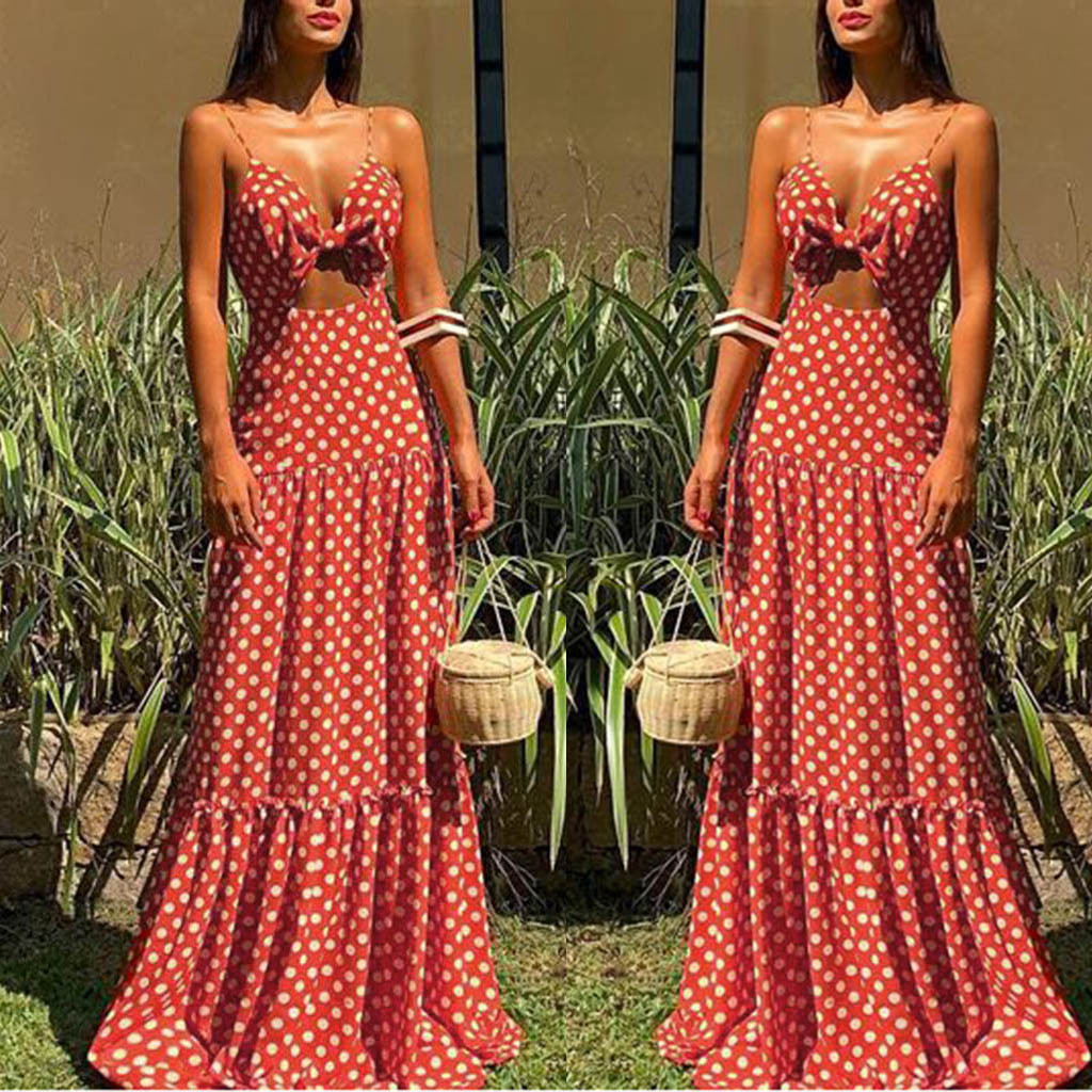 V-Neck Bow Hollow Polka Dot Printed Spaghetti Strap Maxi Boho Dress