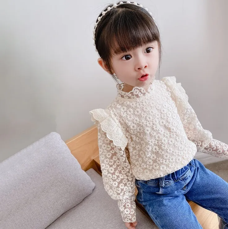 Girls Cute Slim Solid Color Flower Lace Lined Long-Sleeved Blouse