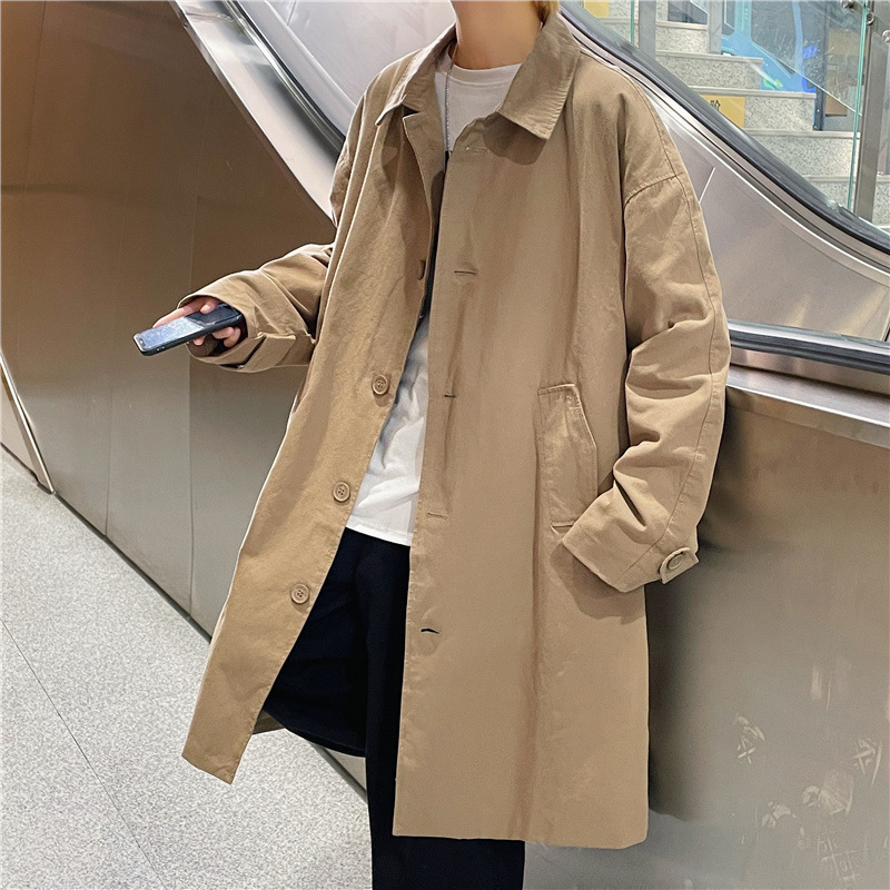 Men Basic Long Sleeve Lapel Single-Breasted Pocket Design Loose Solid Color Topcoat