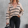 Winter Women Fashion Loose Stripe V-Neck Knitted Lel Neck Sweater