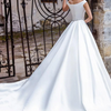 Women Elegant Solid Color Short Sleeves Off-The-Shoulder Satin Sweep Length Wedding Evening Dress