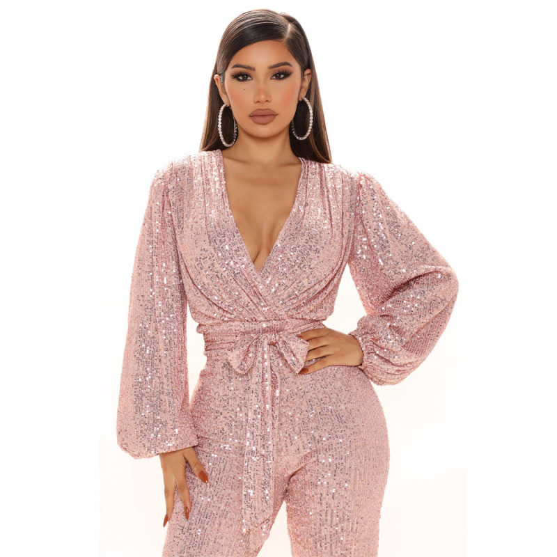 Women Solid Color V-Neck Long Sleeve Waist Sequin Fashion Jumpsuit