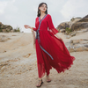 (Buy 1 Get 1) Ramadan /Eid Women Vintage Casual Vacation Chiffon V-Neck Long Flare Sleeve Lace-Up Red Maxi Dress