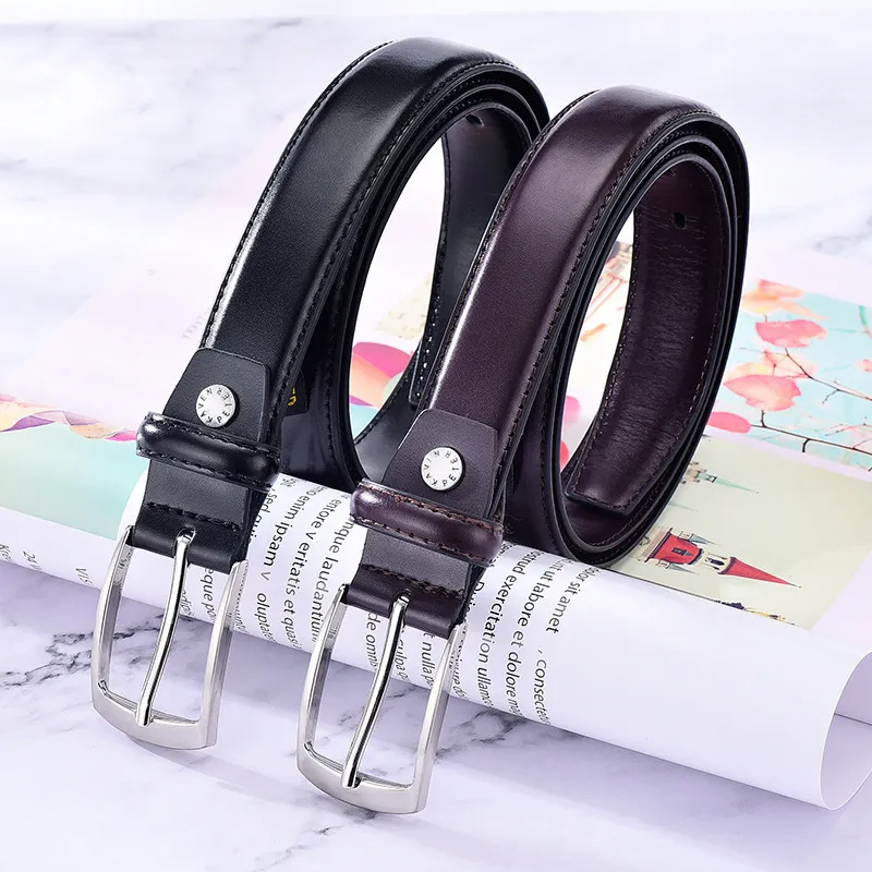 Men Fashion Casual Business Solid Color Versatile Genuine Leather Metal Buckle Belt