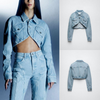 Women Fashion Long Sleeve Irregular Hemline Cropped Denim Jacket Top