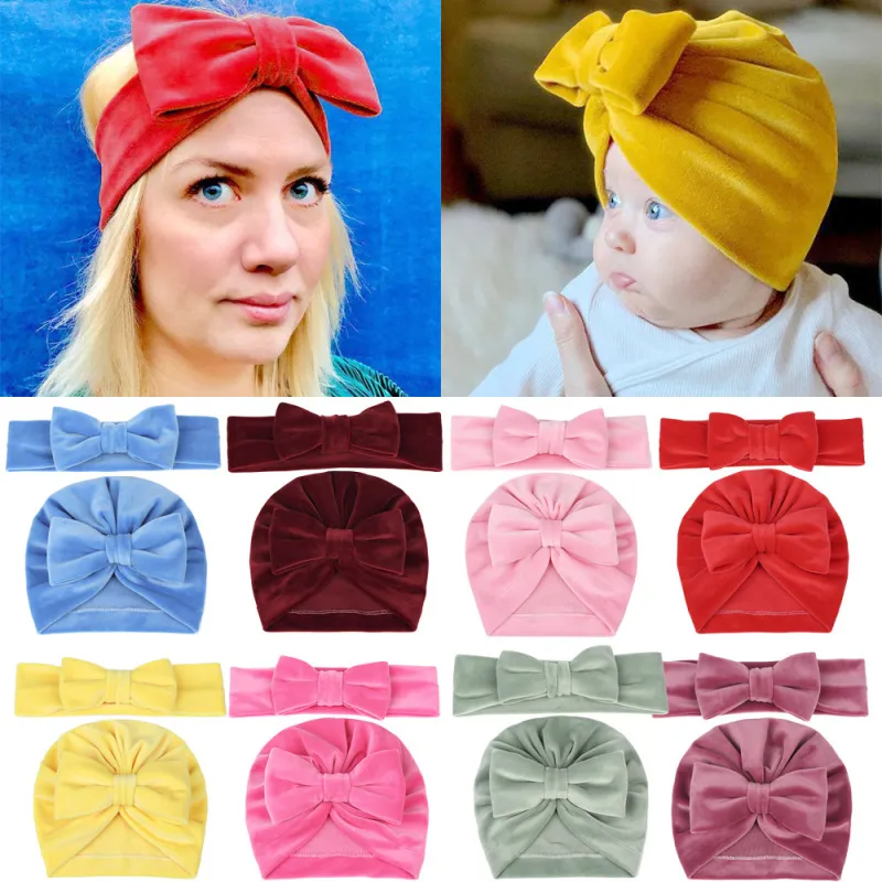 Mother And Child Simple Solid Color Bowknot Velvet Hat Two-Piece Set