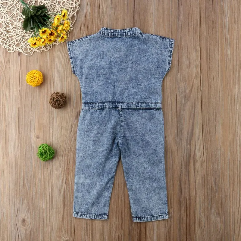 Baby Girl Stand Collar Lace-Up Design Denim Jumpsuit