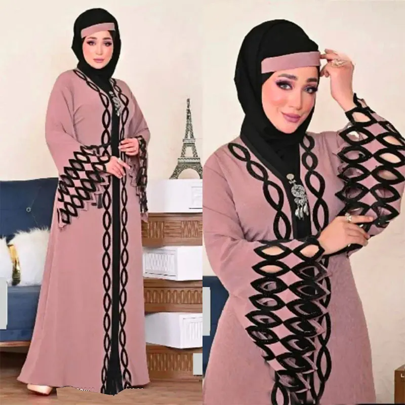 Women Loose Silk Fabric Lace Embellished Plus Size Abaya Turban 2-Pieces Set