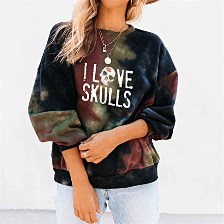 Casual Women Sweater Tie Dye Skull Letter Print Round Neck Sweatshirt