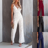 Women Solid Color Sling Lace Waist V-Neck Casual Wide Leg Jumpsuit