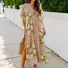 Women Fashion Bohemian Batwing Sleeve V-Neck Floral Print Maxi Dress